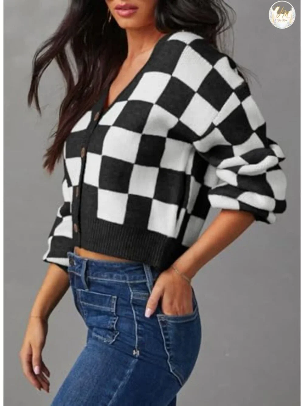 Cropped Cable Knit Cardigan Women V-Neck Button Down Plaid Fall Outwear